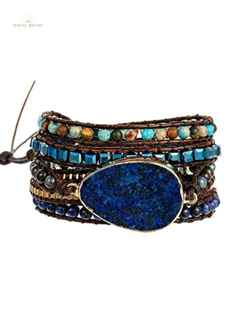 Women Boho Natural Lapis Lazuli Stone Leather Wrap Bracelet Adjustable